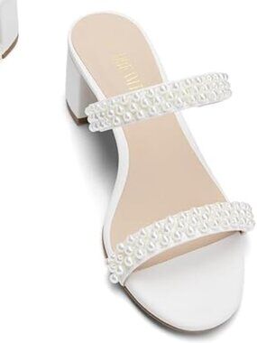 Women's White-Pearl Faux Leather Summer Open Toe Slip On Chunky Low Heel Pumps